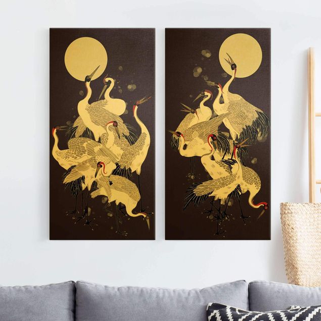 Print on canvas - Cranes In Front Of Moon Duo