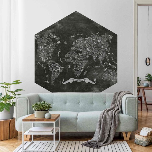 Self-adhesive hexagonal pattern wallpaper - Chalk Typography World Map