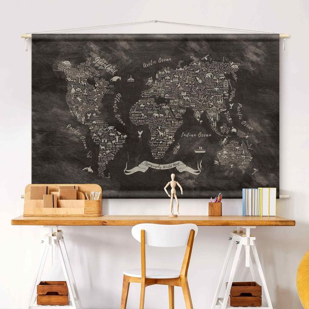modern tapestry wall hanging Chalk Typography World Map