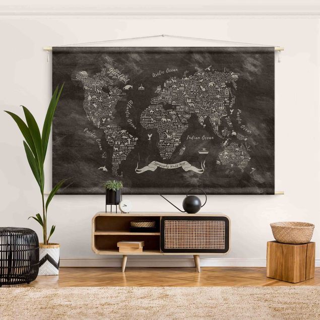 extra large wall tapestry Chalk Typography World Map