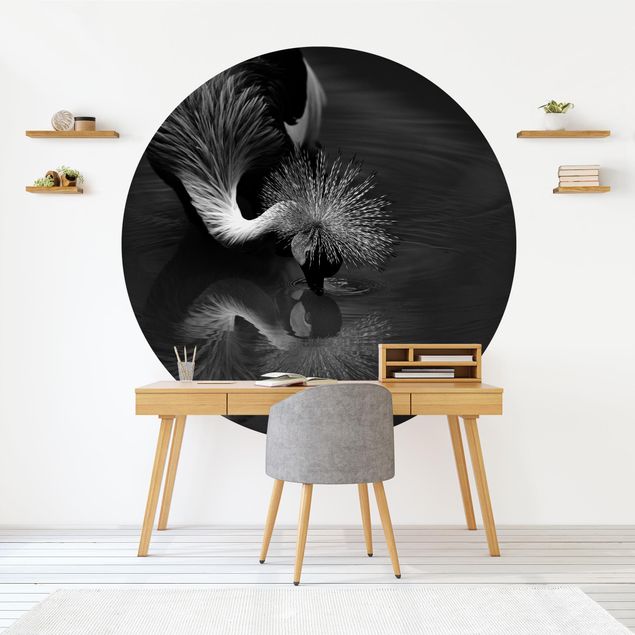Self-adhesive round wallpaper - Crowned Crane Bow Black And White