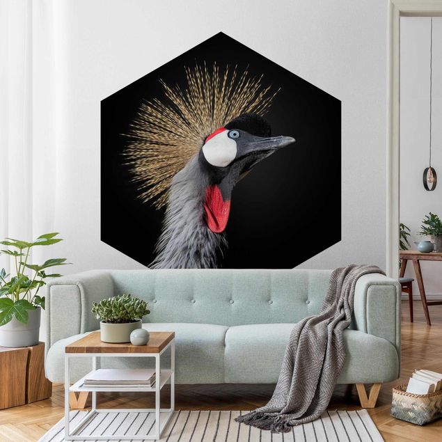 Self-adhesive hexagonal pattern wallpaper - Crowned Crane In Front Of Black