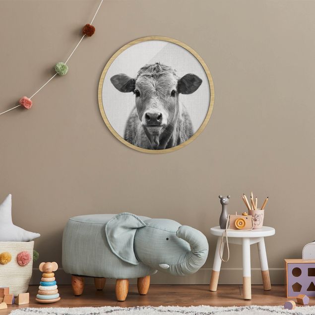 Circular framed print - Cow Kathrin Black And White