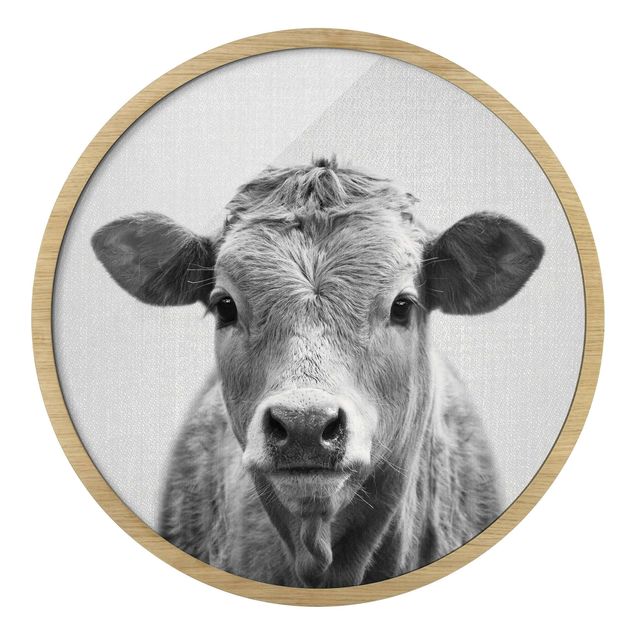 Circular framed print - Cow Kathrin Black And White