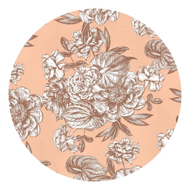 Self-adhesive round wallpaper - Copper Engraving Flower Bouquet