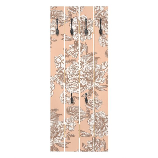 Wooden coat rack - Copper Engraving Flower Bouquet