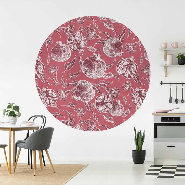 Self-adhesive round wallpaper - Copper Engraving Pomegranates