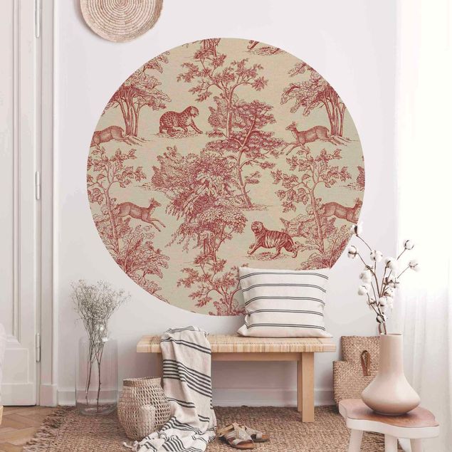 Self-adhesive round wallpaper - Copper Engraving Impression - Jaguar With Deer On Nature Paper