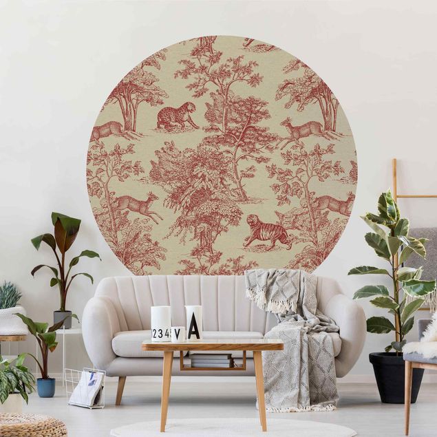 Self-adhesive round wallpaper - Copper Engraving Impression - Jaguar With Deer On Nature Paper