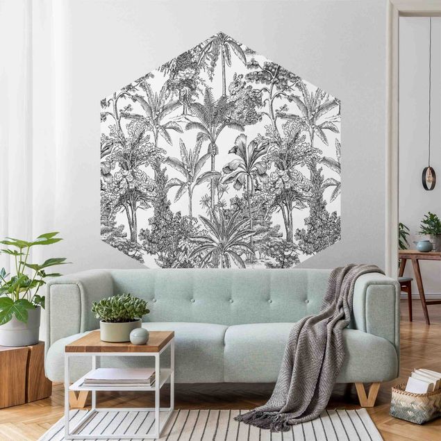 Self-adhesive hexagonal pattern wallpaper - Copper Engraving Impression - Tropical Palm Trees