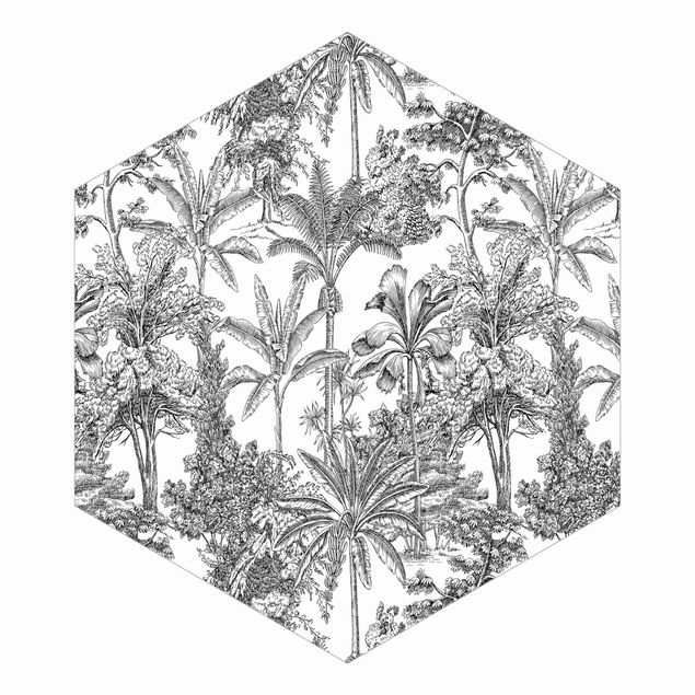 Self-adhesive hexagonal pattern wallpaper - Copper Engraving Impression - Tropical Palm Trees