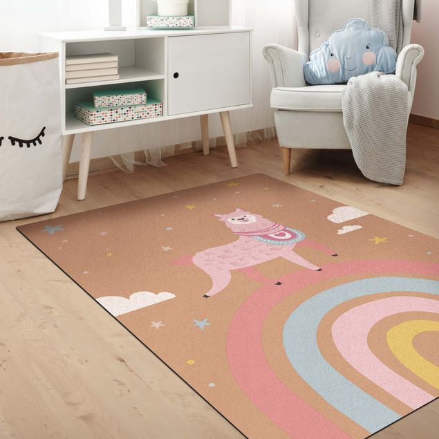 Multicoloured rug Lama On Rainbow With Stars And Dots