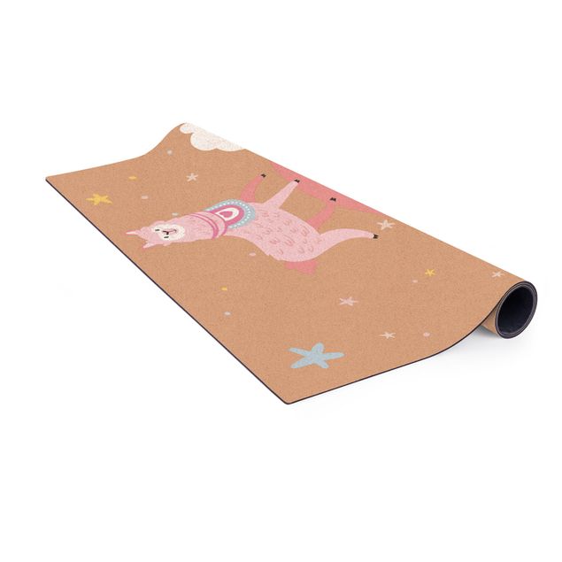 large floor mat Lama On Rainbow With Stars And Dots
