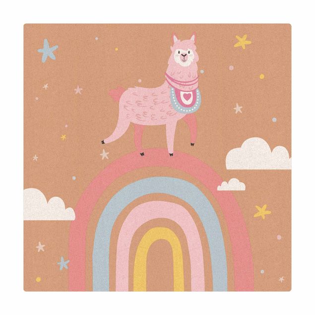 Cork mat - Lama On Rainbow With Stars And Dots - Square 1:1