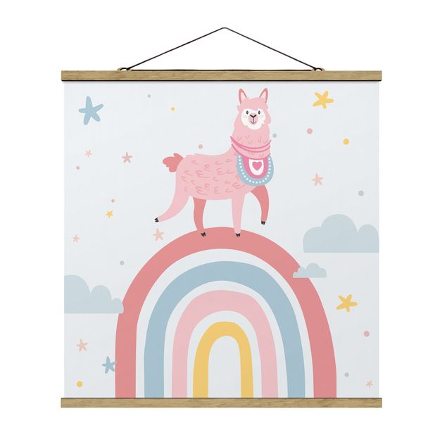 Fabric print with poster hangers - Lama On Rainbow With Stars And Dots - Square 1:1