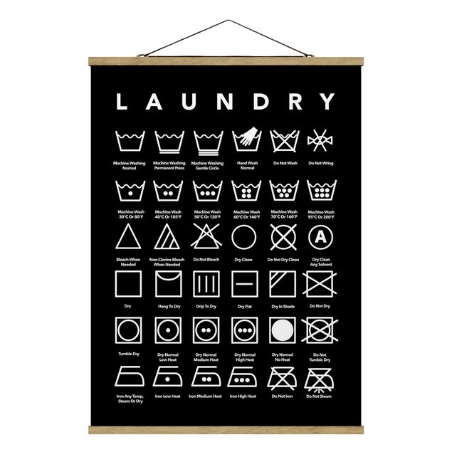 Fabric print with poster hangers - Laundry Symbols Black And White - Portrait format 3:4