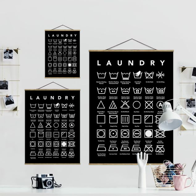 Fabric print with poster hangers - Laundry Symbols Black And White - Portrait format 3:4
