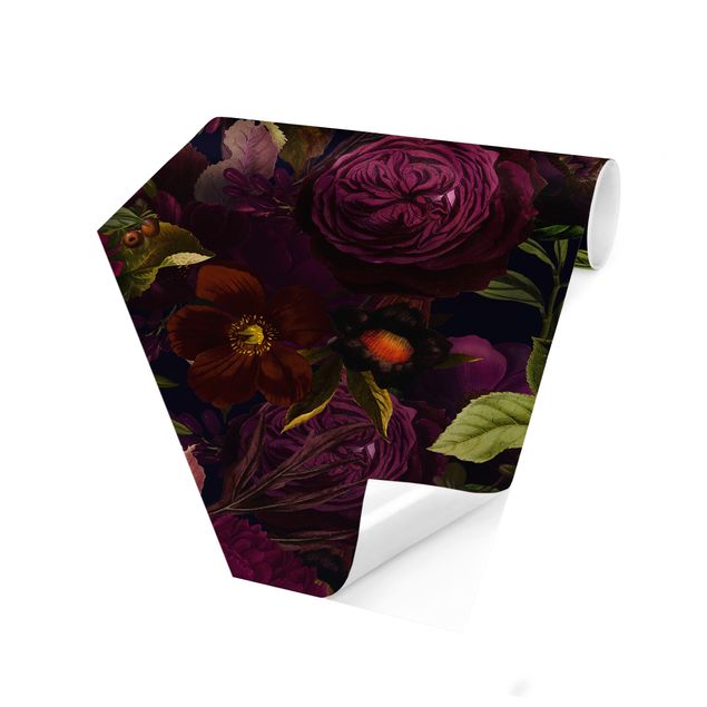 Self-adhesive hexagonal pattern wallpaper - Purple Blossoms Dark