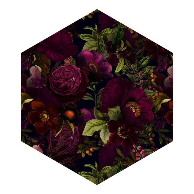 Self-adhesive hexagonal pattern wallpaper - Purple Blossoms Dark