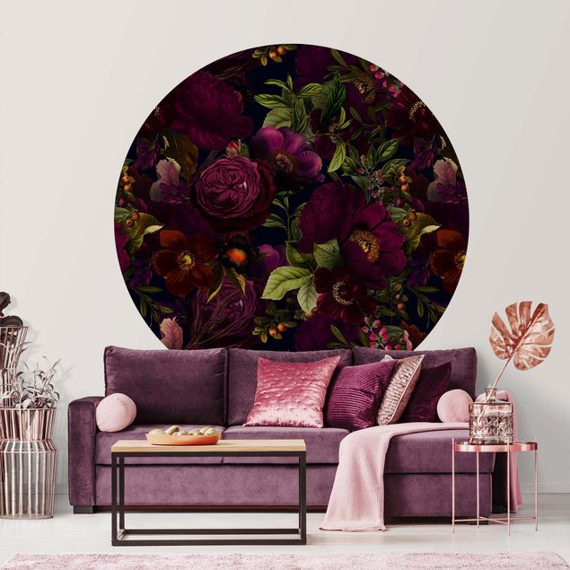 Self-adhesive round wallpaper - Purple Blossoms Dark