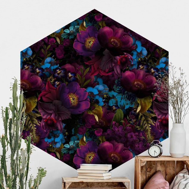 Self-adhesive hexagonal wall mural Purple Blossoms With Blue Flowers