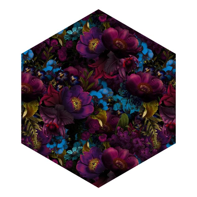 Self-adhesive hexagonal pattern wallpaper - Purple Blossoms With Blue Flowers