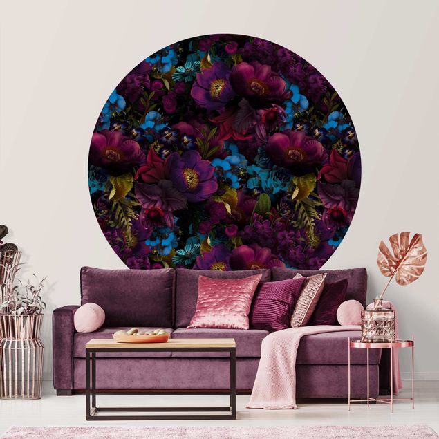 Self-adhesive round wallpaper - Purple Blossoms With Blue Flowers