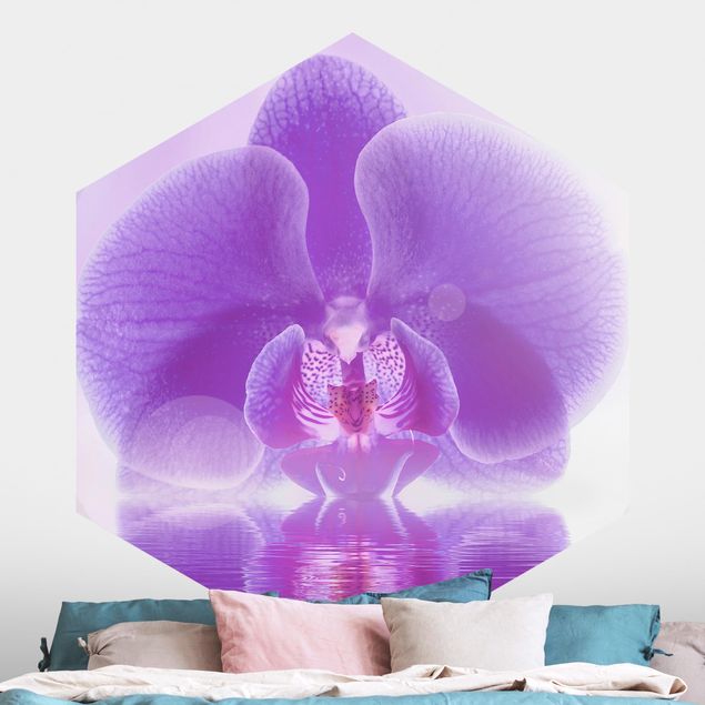 Self-adhesive hexagonal wall mural Purple Orchid On Water