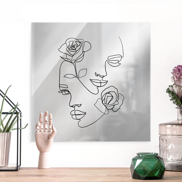 Glas Magnetboard Line Art Faces Women Roses Black And White