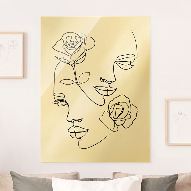 Magnettafel Glas Line Art Faces Women Roses Black And White