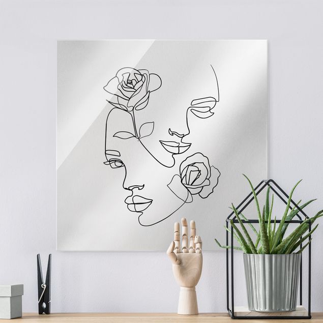 Glass print - Line Art Faces Women Roses Black And White - Square