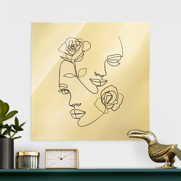 Glas Magnetboard Line Art Faces Women Roses Black And White