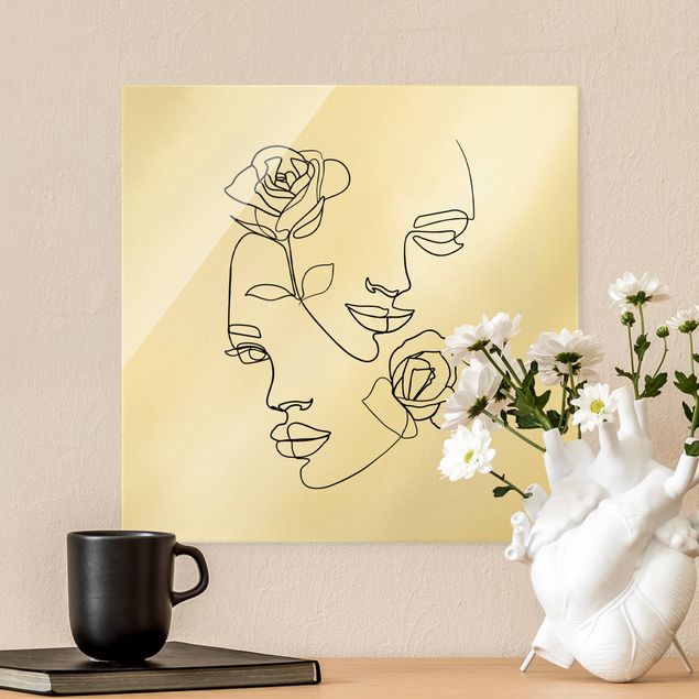 Glass print - Line Art Faces Women Roses Black And White - Square
