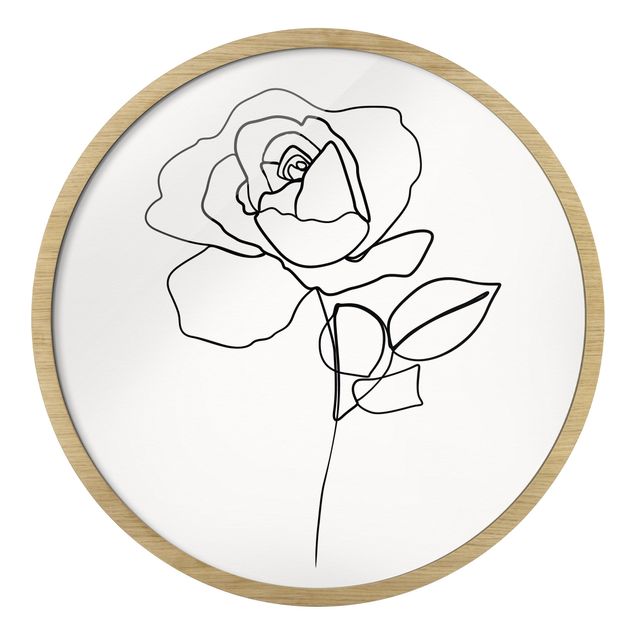 Circular framed print - Line Art Rose Black White