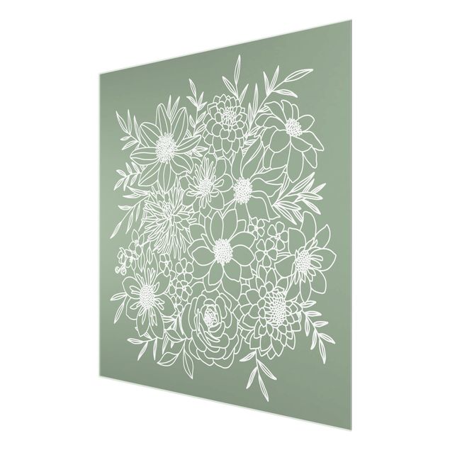 Glass print - Lineart Flowers In Green - Square 1:1