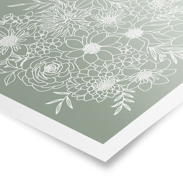 Poster art print - Lineart Flowers In Green - 1:1