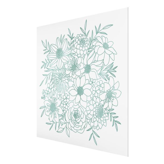 Glass print - Lineart Flowers In Metallic Green - Square 1:1