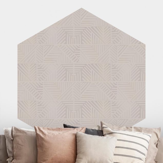 Hexagonal wall mural Line Pattern Stamp In Taupe