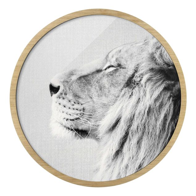 Circular framed print - Lion Leopold Black And White