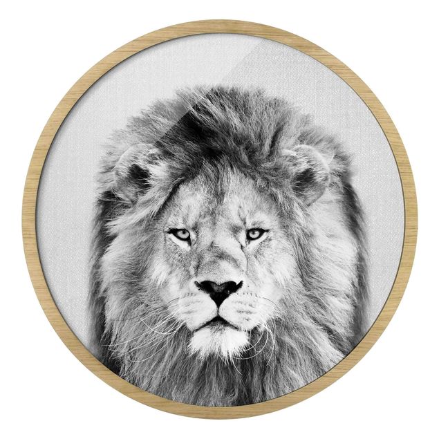Circular framed print - Lion Linus Black And White