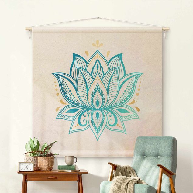 modern tapestry Lotus Illustration Mandala Gold Blue