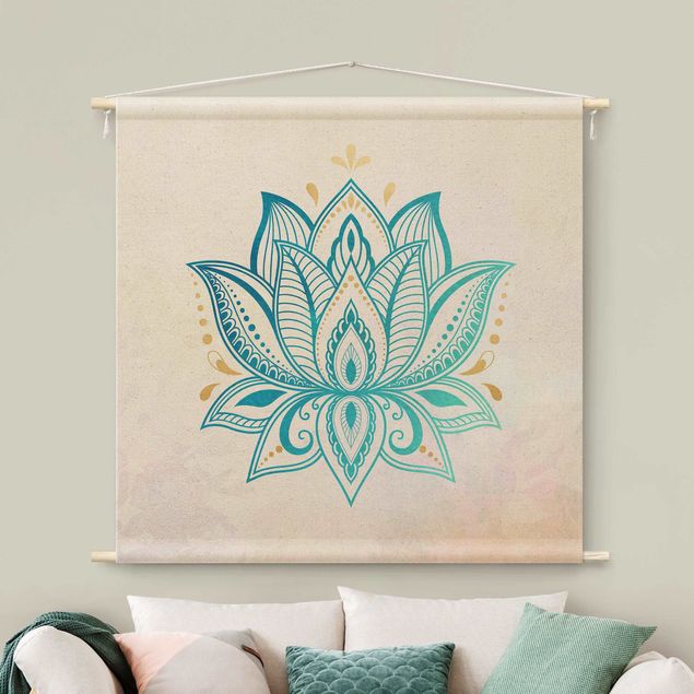 extra large tapestry Lotus Illustration Mandala Gold Blue