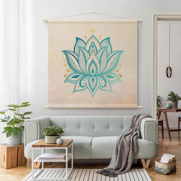 mandala tapestry Lotus Illustration Mandala Gold Blue