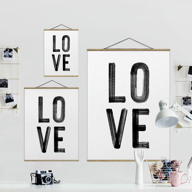 Fabric print with poster hangers - Love Typo In Black - Portrait format 3:4