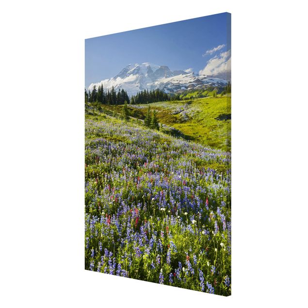 Magnetic memo board - Mountain Meadow With Red Flowers in Front of Mt. Rainier