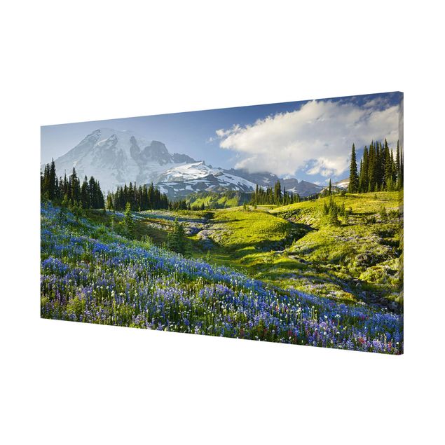 Magnetic memo board - Mountain Meadow With Blue Flowers in Front of Mt. Rainier