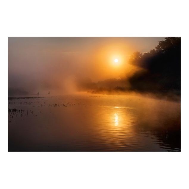 Magnetic memo board - Sunrise on the lake with deers in the fog