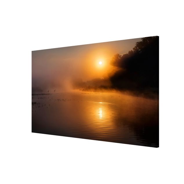 Magnetic memo board - Sunrise on the lake with deers in the fog