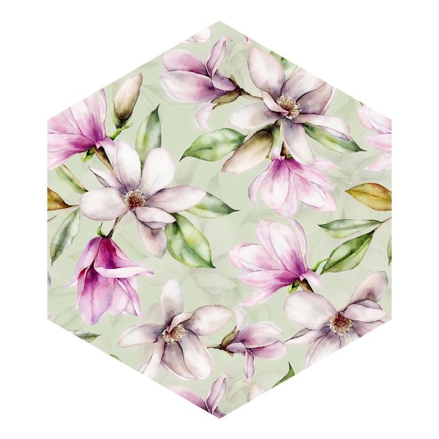 Self-adhesive hexagonal pattern wallpaper - Magnolia Illustration On Mint Green