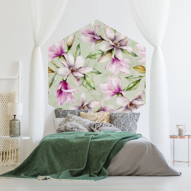 Self-adhesive hexagonal pattern wallpaper - Magnolia Illustration On Mint Green